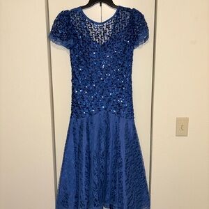 Vintage Precious Moments Royal Blue Sequin Lace Drop Waist Midi Dress